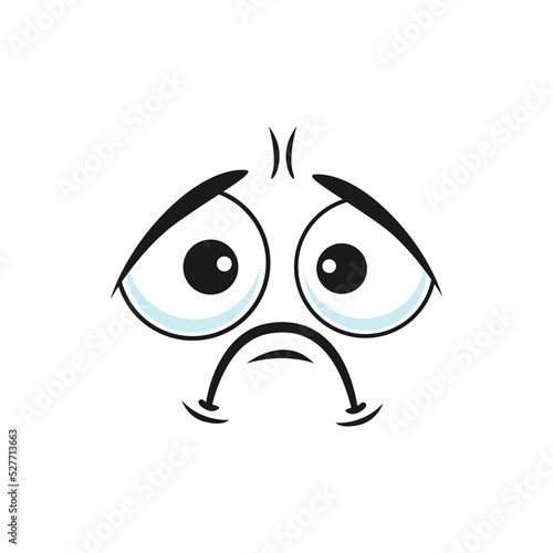 Cartoon sad face, vector unhappy or upset emoji, tragic facial expression with plaintive look and corners of the mouth curve down. Negative feelings, sadness emotion isolated on white background