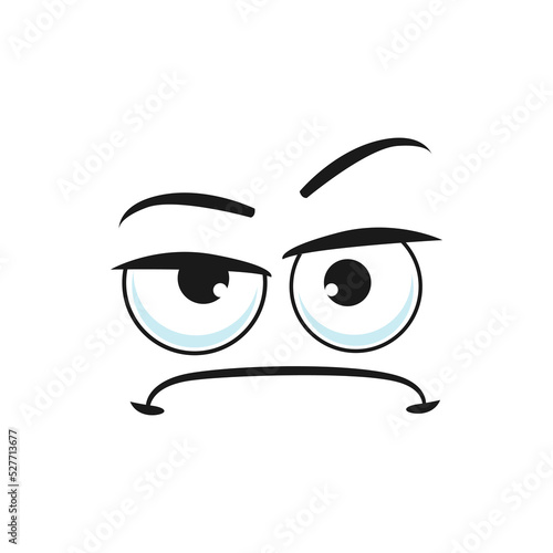 Cartoon face vector suspecting emoji with squinted eyes look sullenly and closed mouth with corners curved down. Doubt facial expression, suspect funny feelings isolated on white background