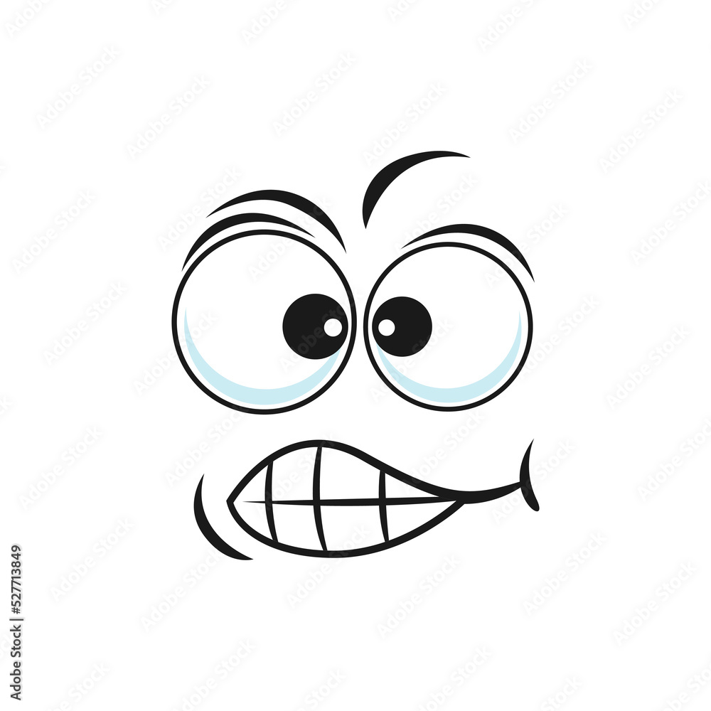 Cartoon face vector embarrassment or discomfiture emoji with goggle eyes and open toothy mouth. Oops funny facial expression, stress feelings. Comic emotion, clumsiness isolated character Cartoon face vector embarrassment or discomfiture emoji with goggle eyes and open toothy mouth. Oops funny facial expression, stress feelings. Comic emotion, clumsiness isolated character