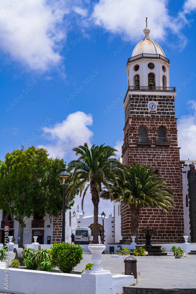 Bell tower of the beautiful white town of Teguise. Photography made in Lanzarote, Canary Islands, Spain.