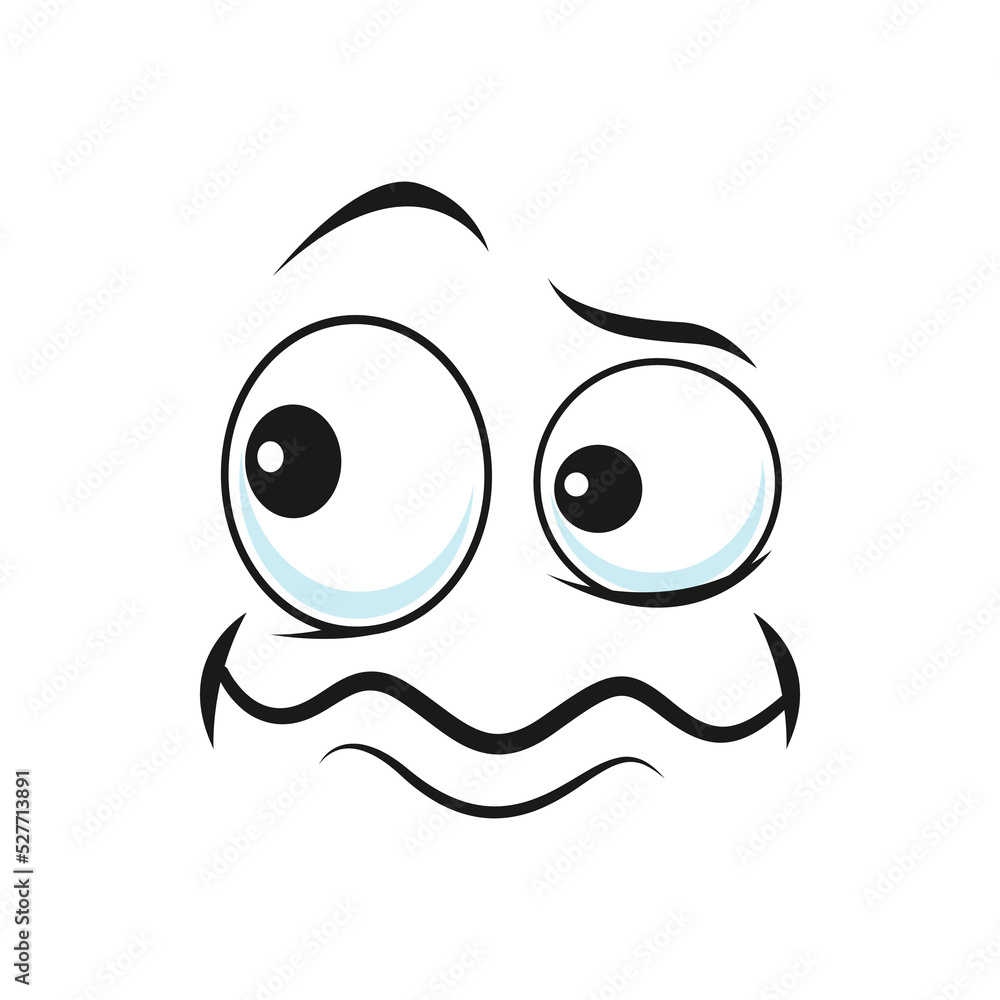 Cartoon disgruntled face vector funny facial emoji with round eyes and tremble mouth. Comic discontented face, wrathy emotion isolated on white background Cartoon disgruntled face vector funny facial emoji with round eyes and tremble mouth. Comic discontented face, wrathy emotion isolated on white background