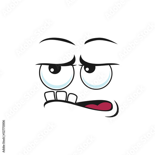 Cartoon disgruntled face, vector facial emoji with stick up teeth. Funny creature, emotion, comic character with toothy mouth and round eyes isolated on white background