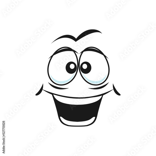 Happy cartoon face with wide toothy smile, excited facial emoji. Funny vector emotion. Comic face with open smiling mouth and goggle eyes isolated on white background