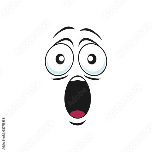 Cartoon wow face, funny surprised emoji, astonished vector character. Dumbfounded facial expression with wide open mouth and goggle eyes, shocked feelings isolated on white background
