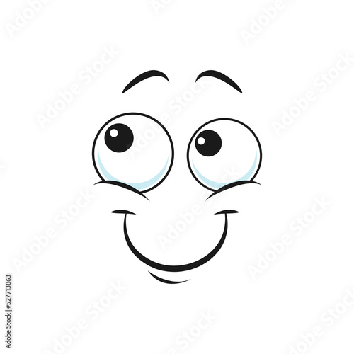 Cartoon smiling face vector funny emoji with friendly scenery smile and round eyes. Happy facial expression, positive feelings, cute dreamy character looking up, gladness emotions, joy