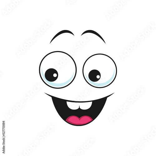 Excited happy face, cartoon vector emoji with wide smile, happiness facial expression. Comic face with toothy smiling mouth and round eyes. Funny emotion isolated on white background