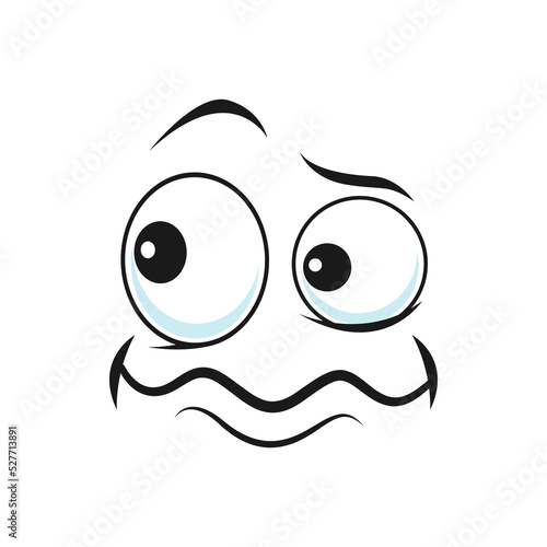 Cartoon disgruntled face vector funny facial emoji with round eyes and tremble mouth. Comic discontented face, wrathy emotion isolated on white background