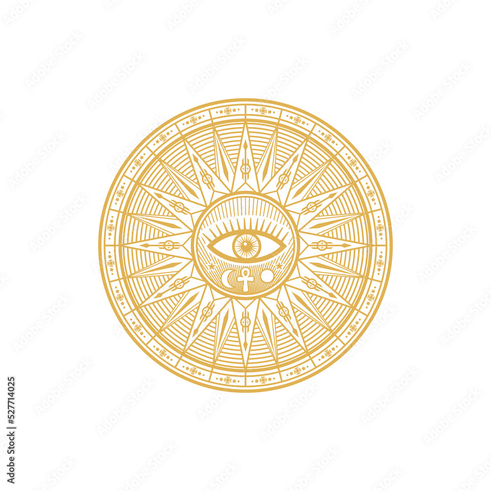 Tarot magic symbol, eye, star and moon, sun and ankh cross round ethnic amulet isolated golden circle. Vector occultism holistic symbol, tribal ornament, chakra rays, star constellation print Tarot magic symbol, eye, star and moon, sun and ankh cross round ethnic amulet isolated golden circle. Vector occultism holistic symbol, tribal ornament, chakra rays, star constellation print