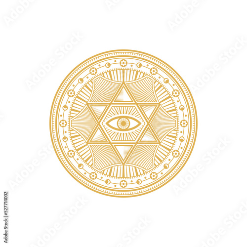 Geometry tarot sacred mystic occult ancient talisman, alchemy magic symbol isolated. Vector spiritual eye, freemason mystic circle, esoteric mason amulet. Spiritual mandala, moroccan vintage coin