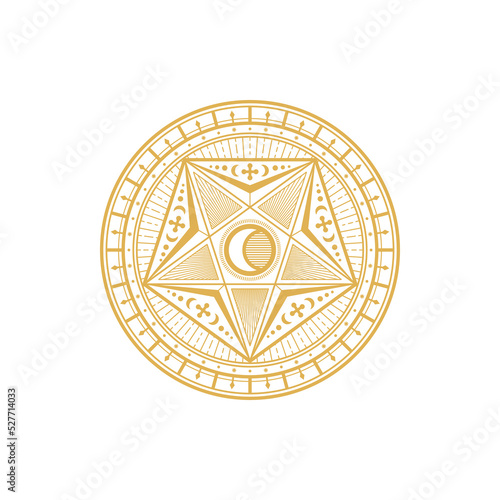 Magic sacred symbol with moon and sun, mandala isolated alchemy magic symbol. Vector esoteric symbol, mason freemason mystic circle. Spiritual mandala, moroccan amulet, witchcraft ritual amulet