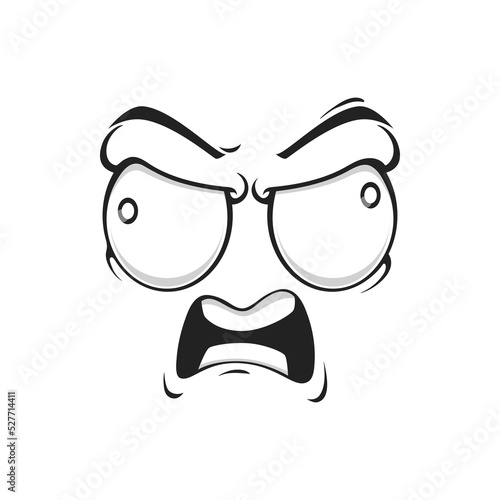 Cartoon angry face with mad eyes and yell mouth. Vector yelling emoji, furious boss facial expression, aggressive feelings, comic face with furrowed brows isolated on white background