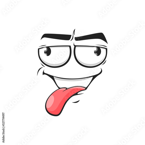 Cartoon face show pink tongue, vector teasing facial expression, funny emoji. Naughty comic character emotion fooling isolated on white background