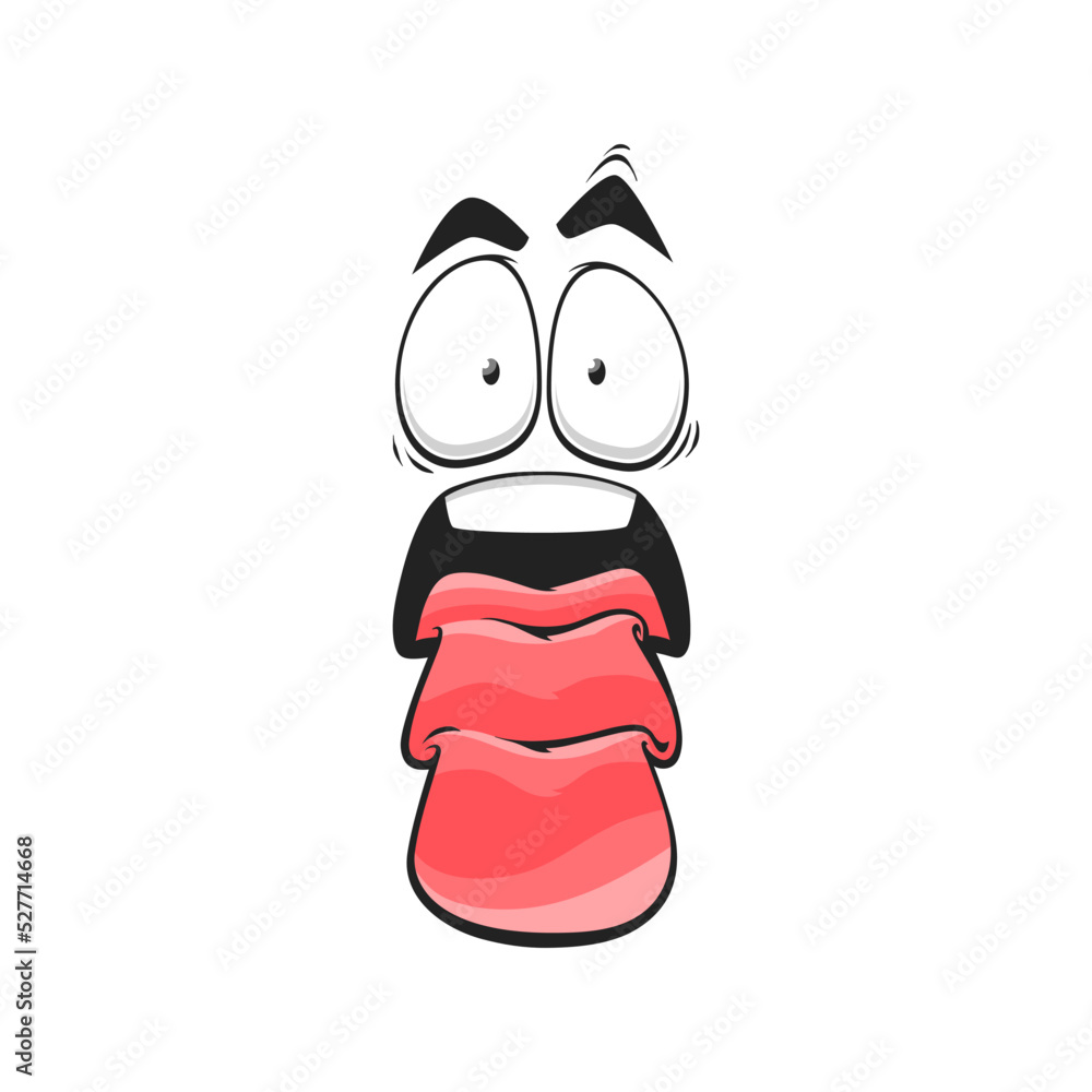Obraz premium Cartoon shocked face with long folded tongue, funny vector character, astonished emoji. Dumbfounded facial expression with wide open mouth and goggle eyes, wow feelings