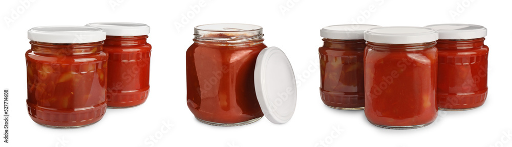 Set with delicious canned lecho on white background. Banner design Set with delicious canned lecho on white background. Banner design