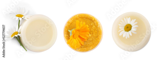 Set with solid shampoo bars on white background, top view. Hair care
