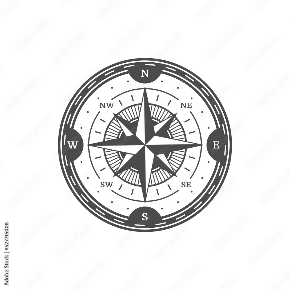 Antique navigation compass, marine navigation symbol. Windrose star icon, exploration era sailor compass vintage vector symbol. Adventure medieval sign or antique map travel direction emblem