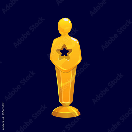 Gold award in shape of male statue with star on body isolated cartoon trophy. Vector golden celebrity lady statuette, ceremony prize sculpture for winner in sport competition. Victory Hollywood reward photo
