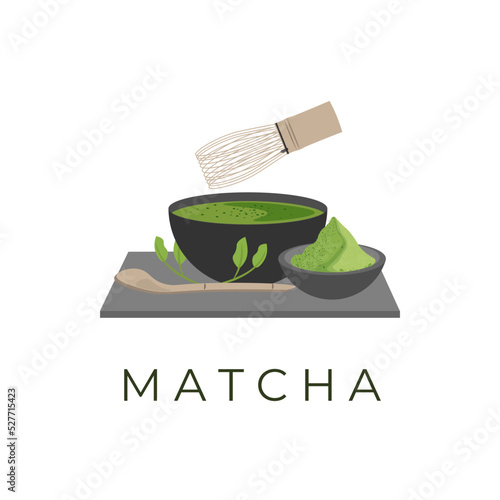 Matcha drink vector illustration logo with powder