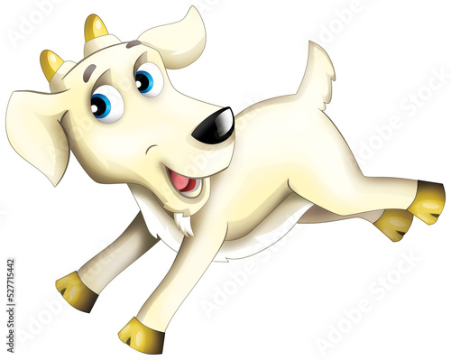 Cartoon happy horned goat is running moving isolated illustration for children