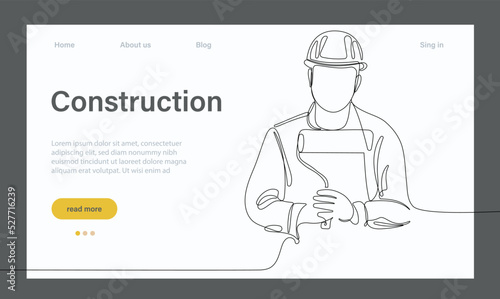 Vector landing page of architecture works with protective face masks for safety in machine industrial factory. Continuous one line drawing for your minimal design