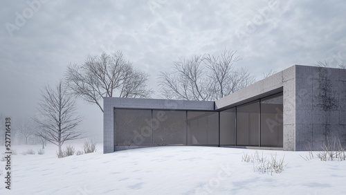 3d rendering illustration of modern minimal house on a sloping snow terrain with cloudy sky 