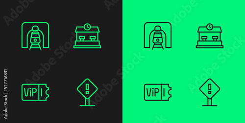 Set line Exclamation mark in square, Train ticket, railway tunnel and Railway station icon. Vector