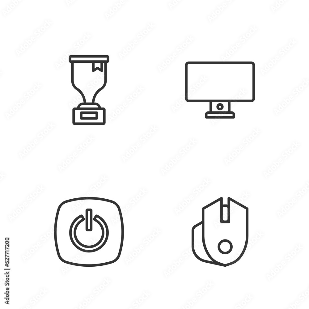 Set line Computer mouse, Power button, Award cup and monitor icon. Vector Set line Computer mouse, Power button, Award cup and monitor icon. Vector