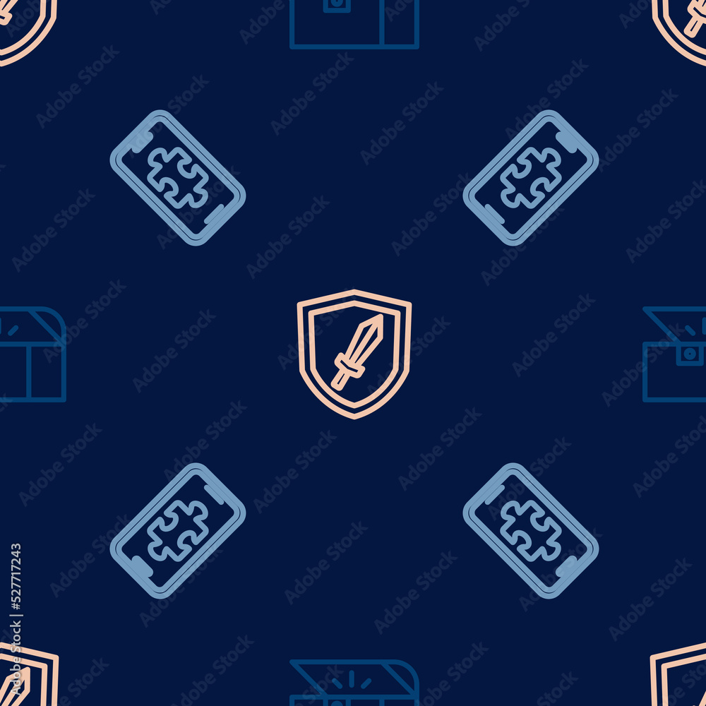 Set line Chest for game, Mobile gaming and Sword on seamless pattern. Vector Set line Chest for game, Mobile gaming and Sword on seamless pattern. Vector