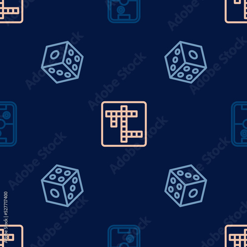 Set line Air hockey table, Game dice and Crossword on seamless pattern. Vector