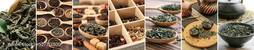 Collage with different types of dry tea leaves