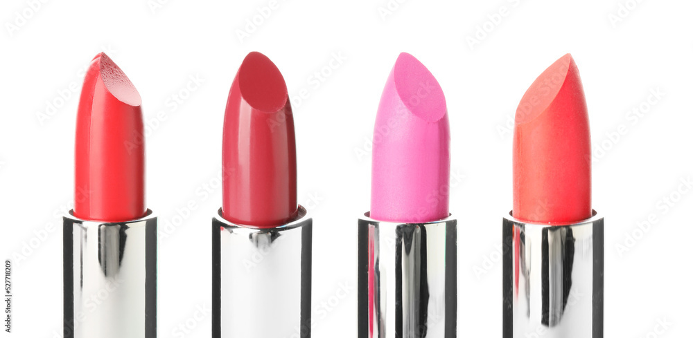 Obraz premium Set of beautiful lipsticks on white background, closeup