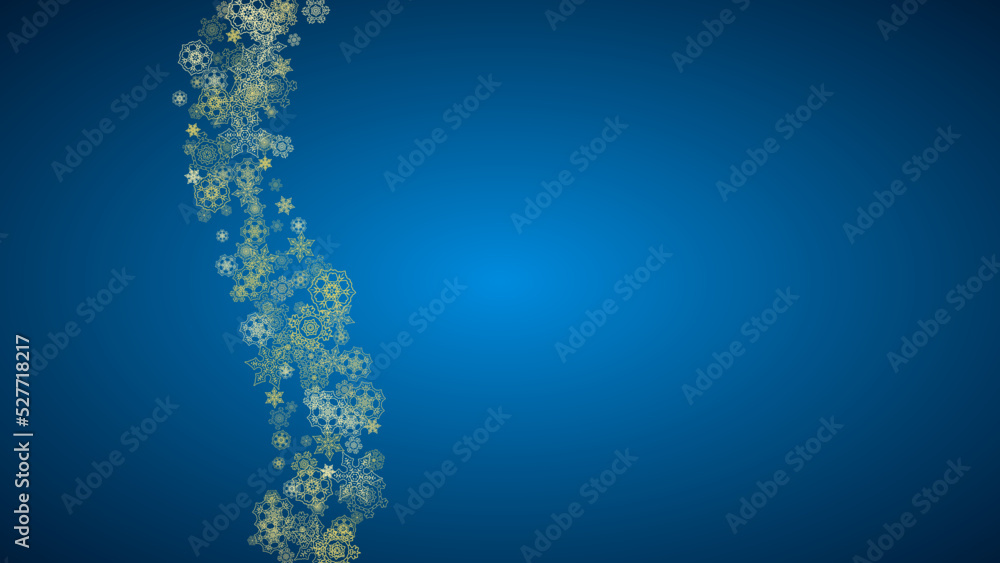 New Year snow on blue background. Gold glitter snowflakes. Christmas and New Year snow falling backdrop. For season sales, special offers, banner, cards, party invite, flyer. Horizontal frosty winter. New Year snow on blue background. Gold glitter snowflakes. Christmas and New Year snow falling backdrop. For season sales, special offers, banner, cards, party invite, flyer. Horizontal frosty winter.