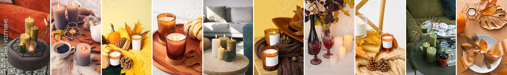 Autumn collection with glowing aroma candles at home