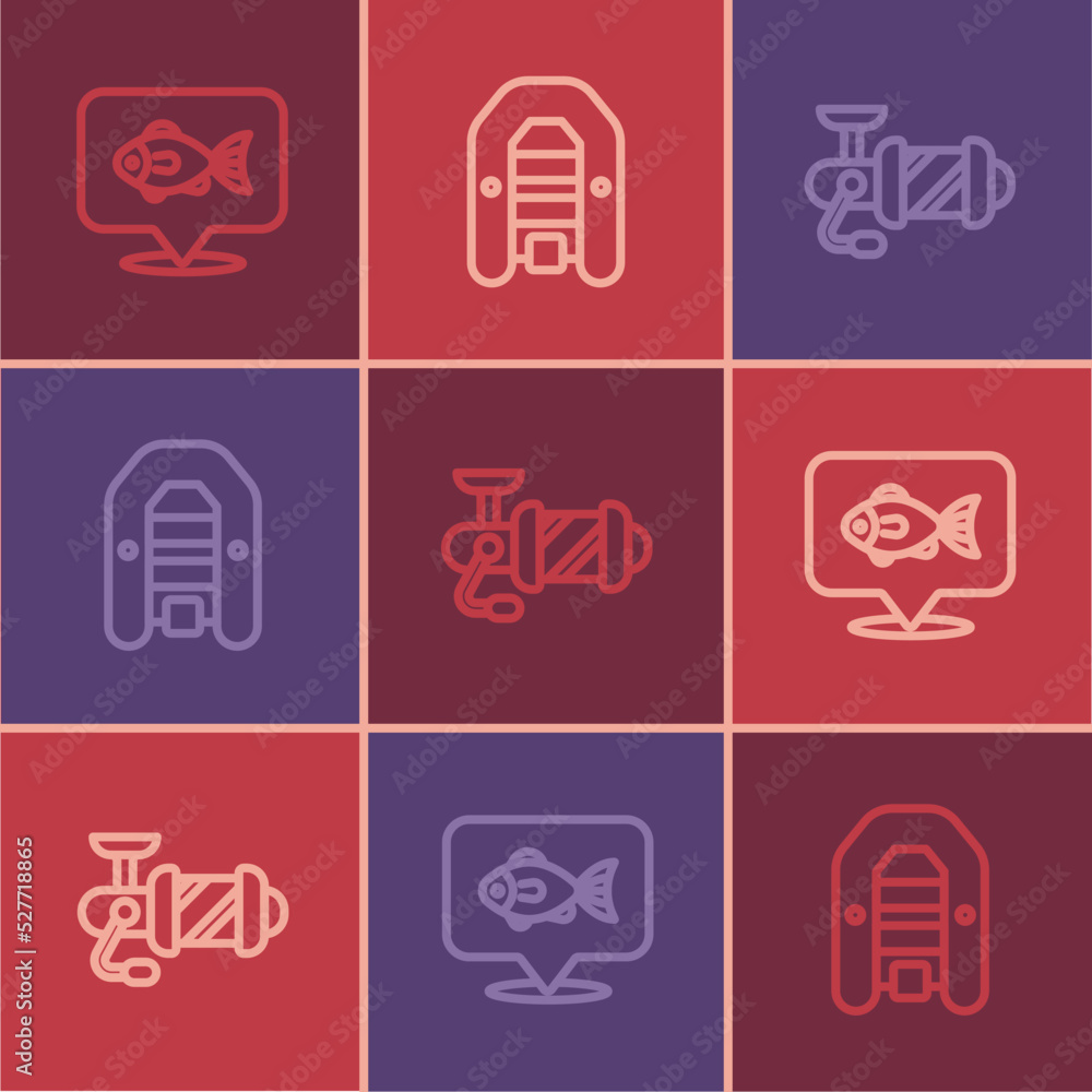 Set line Location fishing, Spinning reel for and Inflatable boat with motor icon. Vector