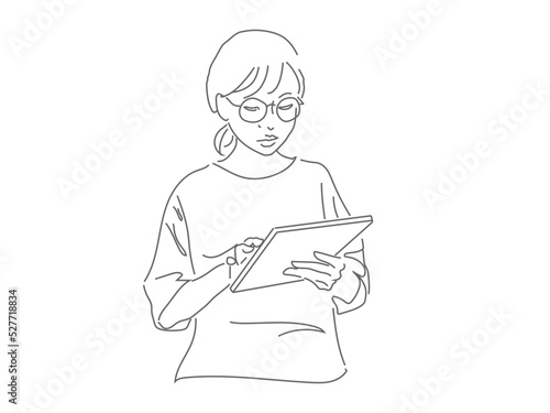 挿絵などに使えそうな、本を読んだり、タブレットで検索したり、資料を確認したりしているメガネをかけた、上半身女性のシンプルなイラスト
