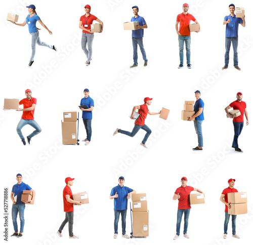Set of couriers with parcel...