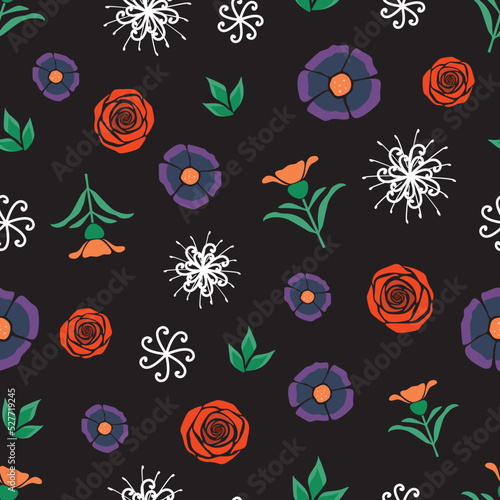 Black with Bright Flowers Folk seamless pattern background
