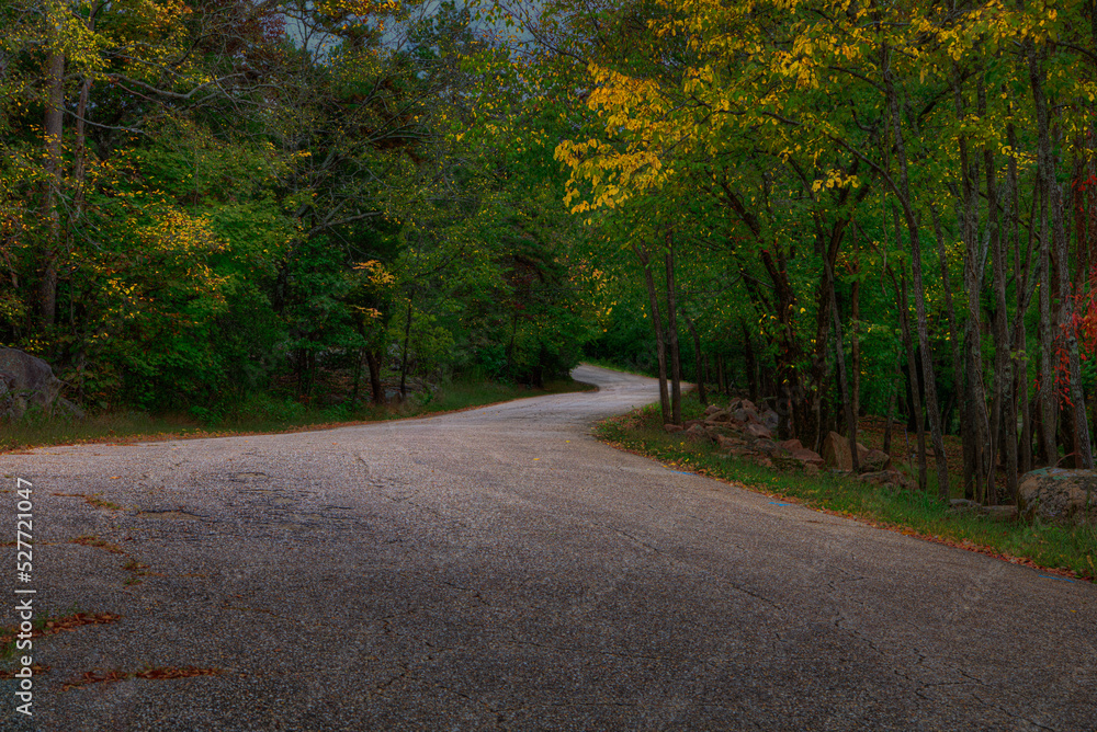A country road meander through the Autumn Forest in Madison County, Missouri 
