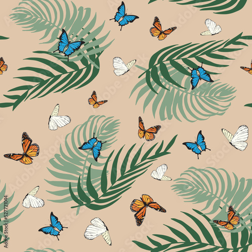 Palm Leaves with Butterflies seamless pattern background