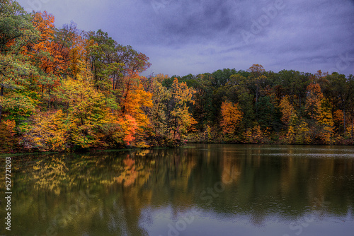 Trees at peak foliage reflected in the calm waters of Tywappity Lake 