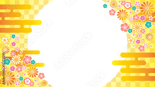 お正月，新春，日の出，和風の花，金色市松模様の背景，白のコピースペース