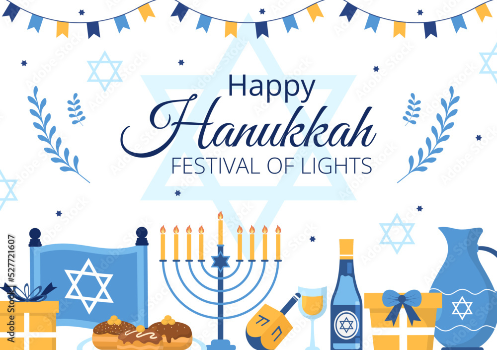 Happy Hanukkah Jewish holiday Template Hand Drawn Cartoon Flat Illustration with Menorah, Sufganiyot, Dreidel and Traditional Symbols Happy Hanukkah Jewish holiday Template Hand Drawn Cartoon Flat Illustration with Menorah, Sufganiyot, Dreidel and Traditional Symbols