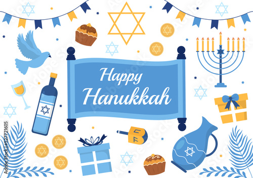 Happy Hanukkah Jewish holiday Template Hand Drawn Cartoon Flat Illustration with Menorah, Sufganiyot, Dreidel and Traditional Symbols