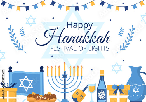 Happy Hanukkah Jewish holiday Template Hand Drawn Cartoon Flat Illustration with Menorah, Sufganiyot, Dreidel and Traditional Symbols