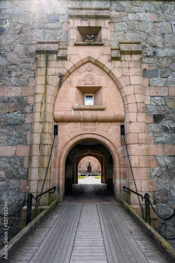 Entrance gate to historic Oscarsborg Fortress, Kaholmen Islands, Norway
