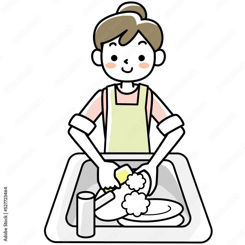 エプロンを着けて食器洗いをする若い女性 エプロンを着けて食器洗いをする若い女性