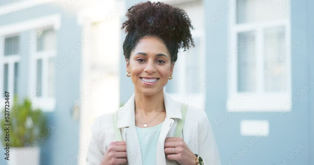 Portrait, face and travel with black woman with a backpack in front of house or home mockup. Smile, casual happy girl traveling alone or standing by blurred building background copy space. Portrait, face and travel with black woman with a backpack in front of house or home mockup. Smile, casual happy girl traveling alone or standing by blurred building background copy space.