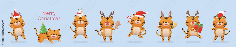 8 cute tiger mascots in Christmas costumes with hats and antlers, happy to celebrate the festival, vector cartoon style 8 cute tiger mascots in Christmas costumes with hats and antlers, happy to celebrate the festival, vector cartoon style