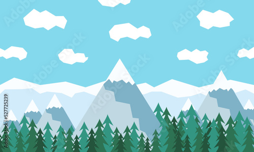 Vector mountains, forest landscape and sky with clouds. Beautiful geometric flat illustration.