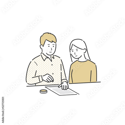 書類にはんこを押す夫婦のイラスト